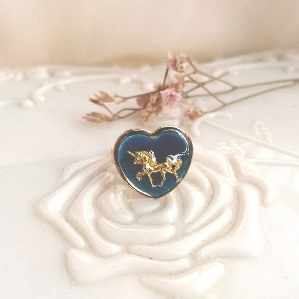 vintage unicorn heart ユニコーンのヴィンテージハートリング B (ネイビー・フリーサイズ) 1枚目の画像