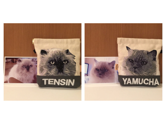 オーダー事例❤︎愛猫の両面刺繍ポーチ 1枚目の画像