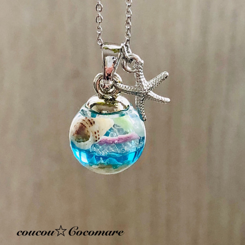 海シリーズ琉球ガラスと石垣島の貝殻ネックレス16㎜ガラス【サージカル  