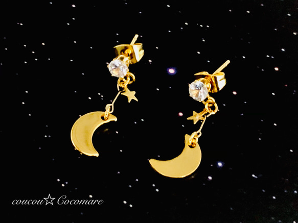 CZ付Crescent Moon ピアス【サージカルステンレス】ゴールド 10枚目の画像