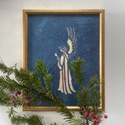 送料無料 " O Holy Night " 聖なる夜　藍染め和紙　額つきアート　クリスマス　天使　切り絵 1枚目の画像