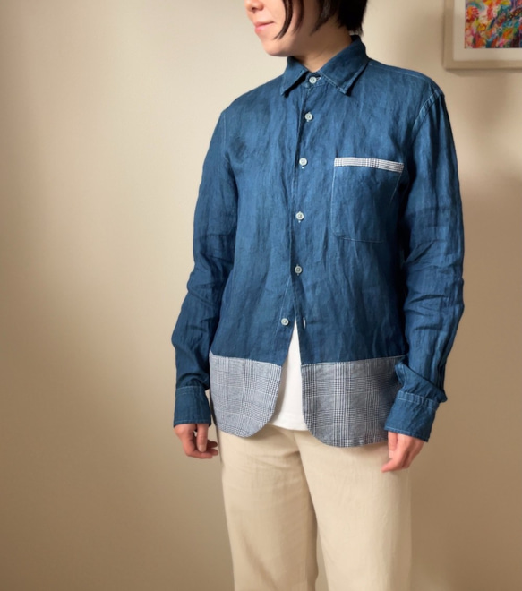 送料無料 藍染めリネン素材とグレンチェックのコットン切り返しシャツ  ジャケット風リメイク 1枚目の画像