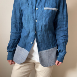 送料無料 藍染めリネン素材とグレンチェックのコットン切り返しシャツ  ジャケット風リメイク 2枚目の画像