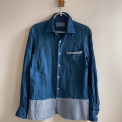 送料無料 藍染めリネン素材とグレンチェックのコットン切り返しシャツ  ジャケット風リメイク 5枚目の画像