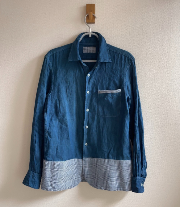 送料無料 藍染めリネン素材とグレンチェックのコットン切り返しシャツ  ジャケット風リメイク 5枚目の画像