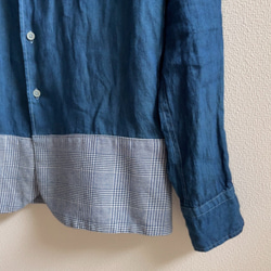 送料無料 藍染めリネン素材とグレンチェックのコットン切り返しシャツ  ジャケット風リメイク 6枚目の画像