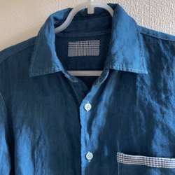 送料無料 藍染めリネン素材とグレンチェックのコットン切り返しシャツ  ジャケット風リメイク 7枚目の画像