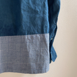 送料無料 藍染めリネン素材とグレンチェックのコットン切り返しシャツ  ジャケット風リメイク 9枚目の画像