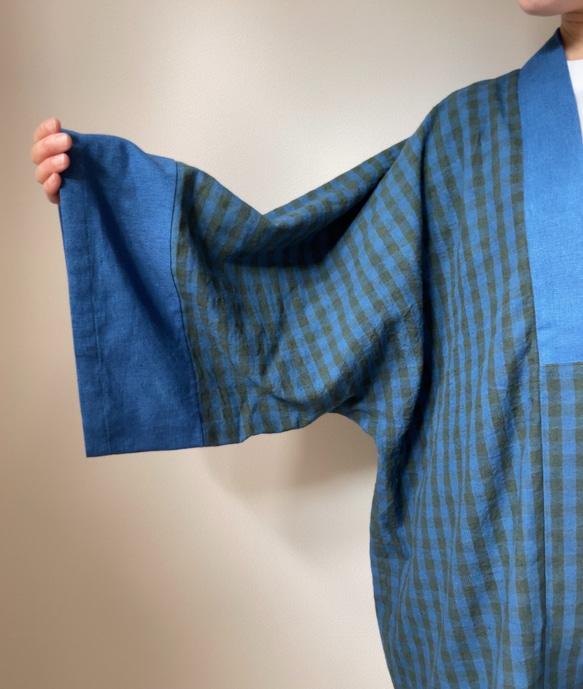 " 藍染　麻のチェック柄羽織り" Mellow " 8枚目の画像