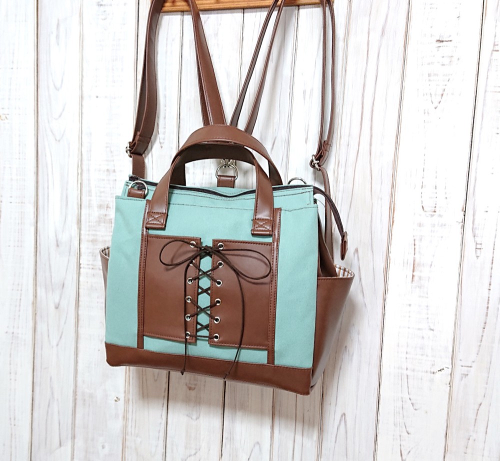 4way8号チョコミントカラーの編み上げ四角いリュック＋バック(横型）（受注製作）