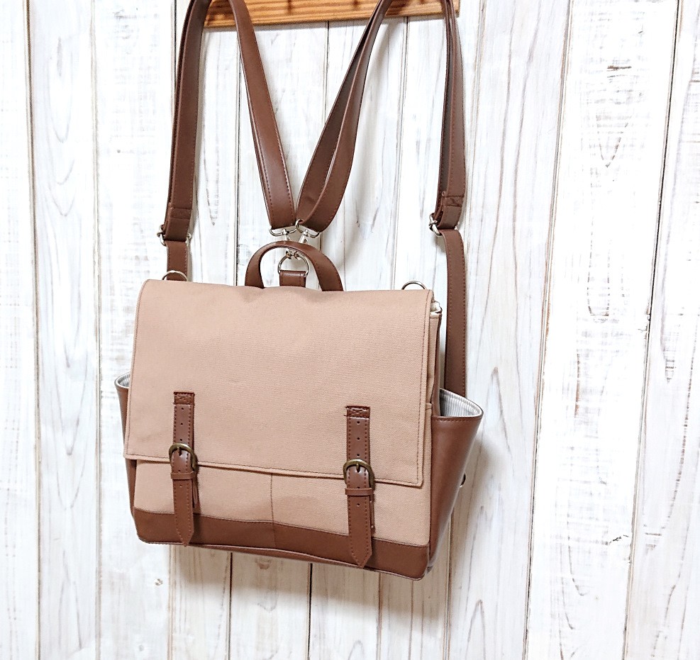 3wayカフェオレ色の帆布と焦げ茶合皮のリュック＋バックH
