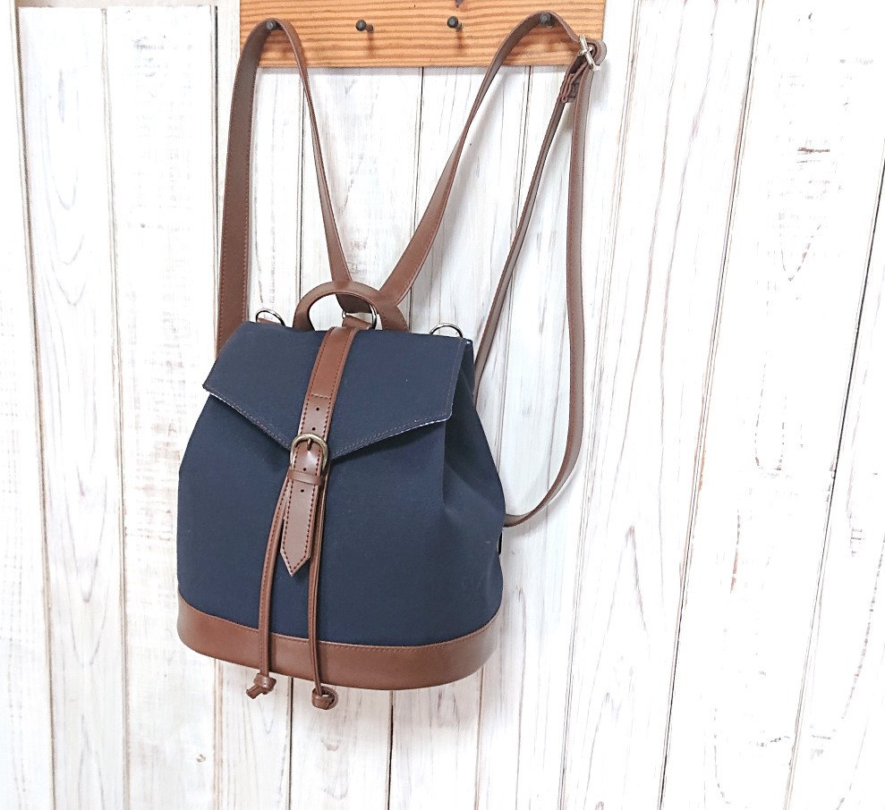 3wayネイビー帆布と焦げ茶合皮のリュックP