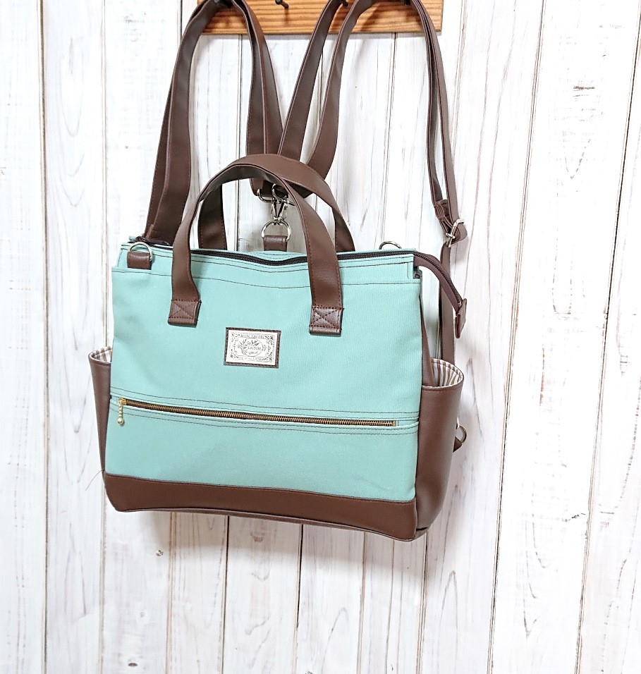 4way8号チョコミントカラーの四角いリュック＋バック(横型）（受注製作)