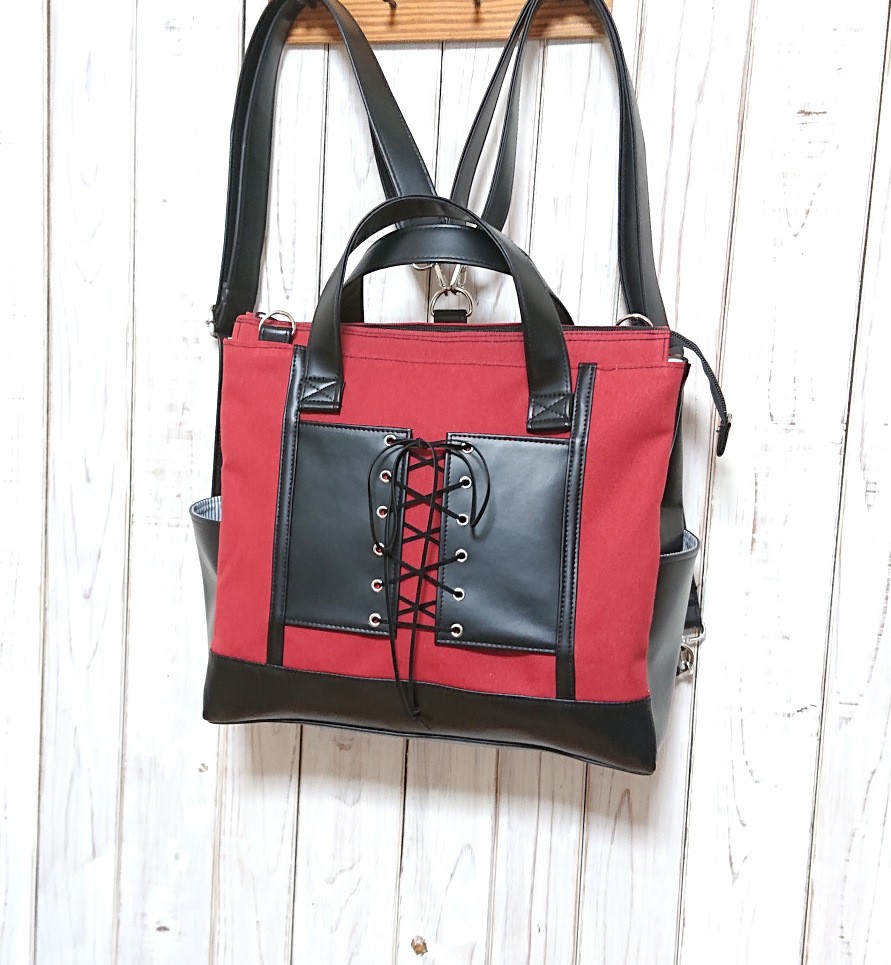 4way赤帆布と黒合皮の編み上げ四角いリュック＋バック（大）(横型）（受注製作）