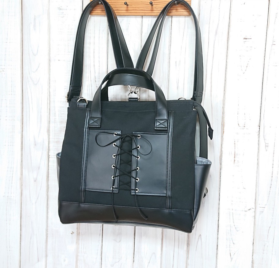 4way黒帆布と黒合皮の編み上げ四角いリュック＋バック（大）(横型）（受注製作）