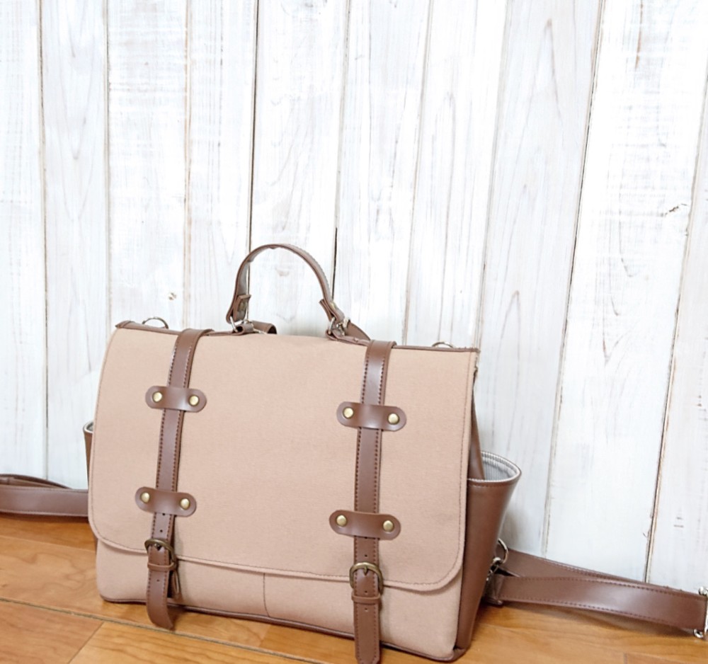 4way8号カフェオレ帆布と焦げ茶合皮のトランク風四角いリュック＋バック(横型）（大）（受注製作）