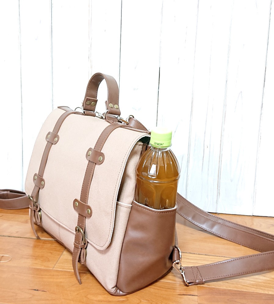 4way8号カフェオレ帆布と焦げ茶合皮のトランク風四角いリュック＋バック(横型）（大）（受注製作）