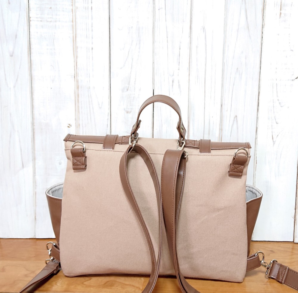 4way8号カフェオレ帆布と焦げ茶合皮のトランク風四角いリュック＋バック(横型）（大）（受注製作）