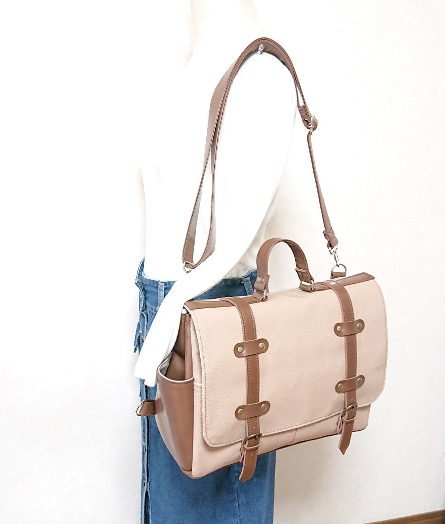 4way8号カフェオレ帆布と焦げ茶合皮のトランク風四角いリュック＋バック(横型）（大）（受注製作）