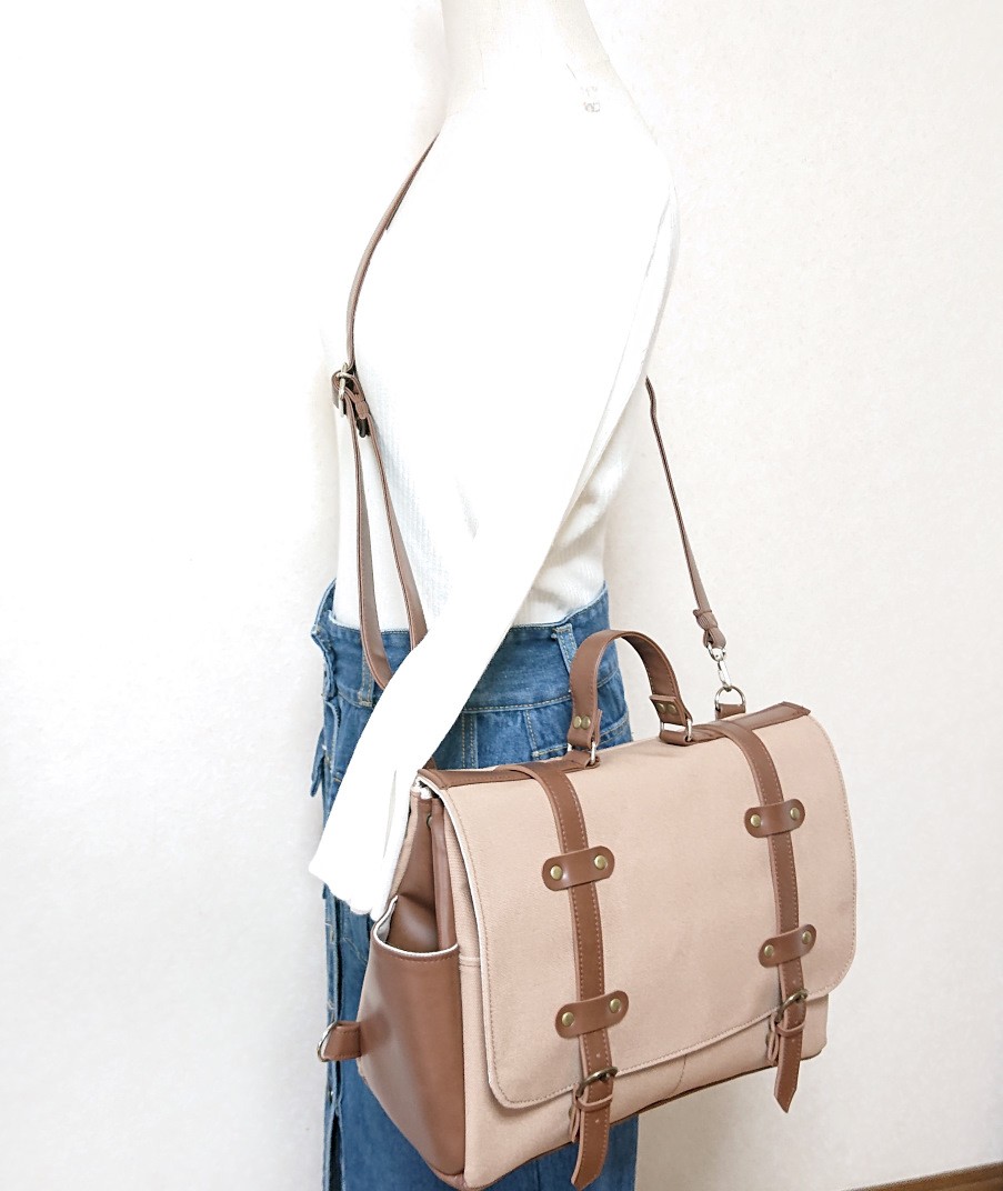 4way8号カフェオレ帆布と焦げ茶合皮のトランク風四角いリュック＋バック(横型）（大）（受注製作）