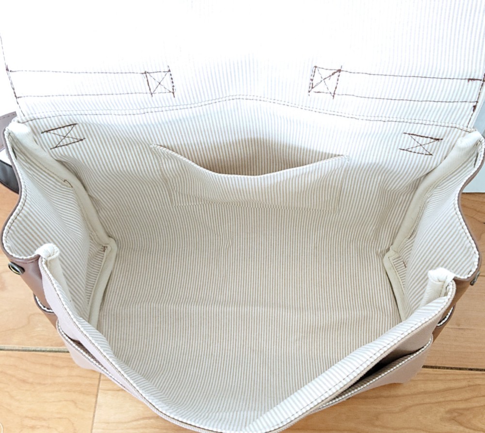 4way8号カフェオレ帆布と焦げ茶合皮のトランク風四角いリュック＋バック(横型）（大）（受注製作）