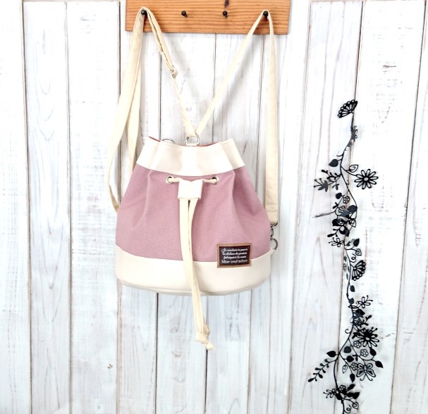 3wayコーラルピンクの倉敷帆布と白の合皮のリュック（受注製作）