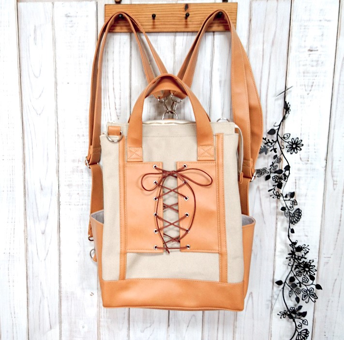 4way8号ベージュの倉敷帆布とキャメル合皮の編み上げ四角いリュック＋バック（大）（受注製作）