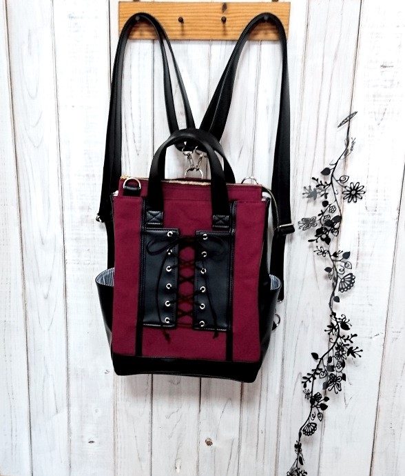 4way8号ワインレッド倉敷帆布と黒合皮の編み上げ四角いリュック＋バック（受注製作）