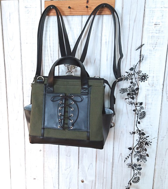 4way8号カーキー倉敷帆布と黒合皮の編み上げ四角いリュック＋バック(横型）（受注製作）