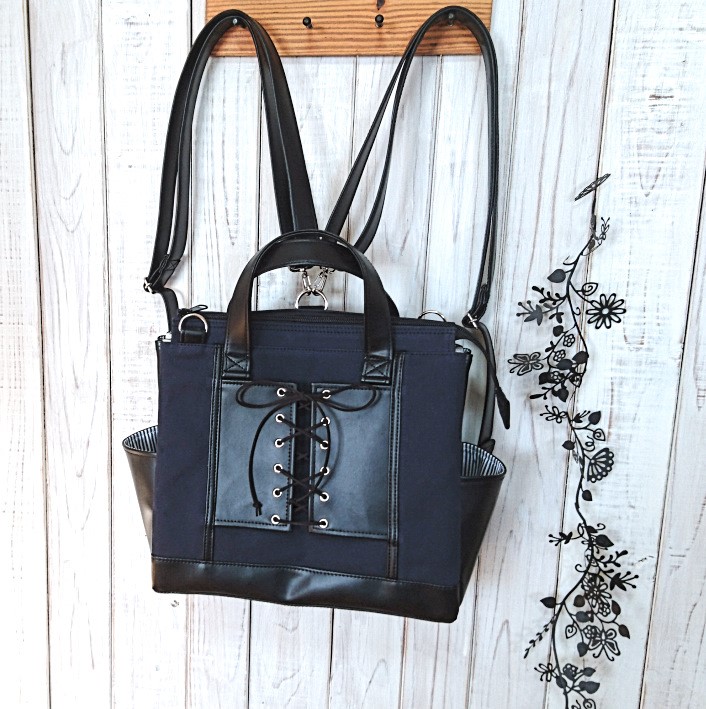 4way8号ネイビー倉敷帆布と黒合皮の編み上げ四角いリュック＋バック(横型）（受注製作）