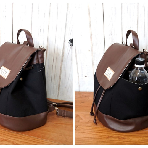 3way黒の倉敷帆布とこげ茶合皮のリュック（大）G(受注製作