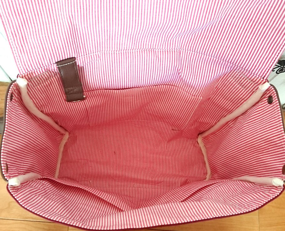 4way8号ワインレッドの倉敷帆布とこげ茶合皮の四角いリュック＋バック３（横型）（大）（受注製作） 