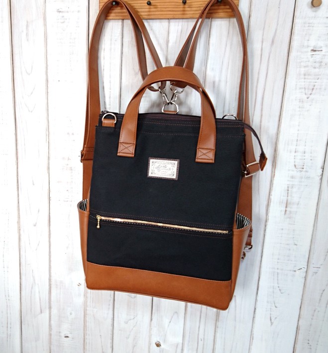 4way8号黒の帆布とモカ茶合皮の四角いリュック＋バック(受注製作)