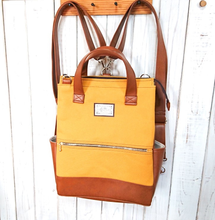 4way8号マスタードの倉敷帆布とこモカ茶合皮の四角いリュック＋バック(受注製作)