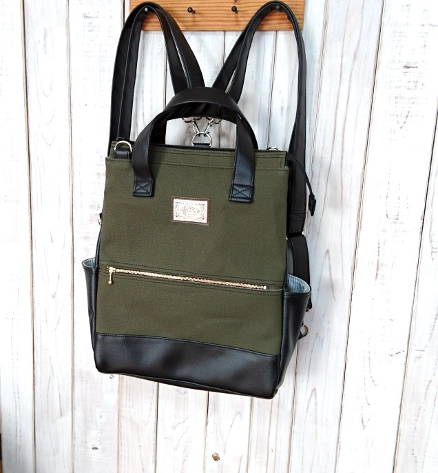 4way8号カーキの帆布と黒合皮の四角いリュック＋バック(受注製作)