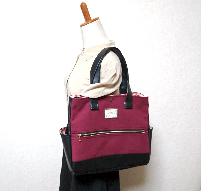 ワインレッド８号倉敷帆布と黒合皮のトートバック(受注製作)