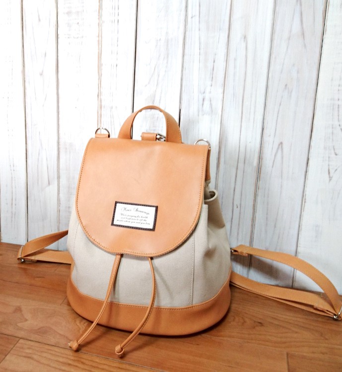 3wayベージュの倉敷帆布とキャメル合皮のリュック（大）G(受注製作)