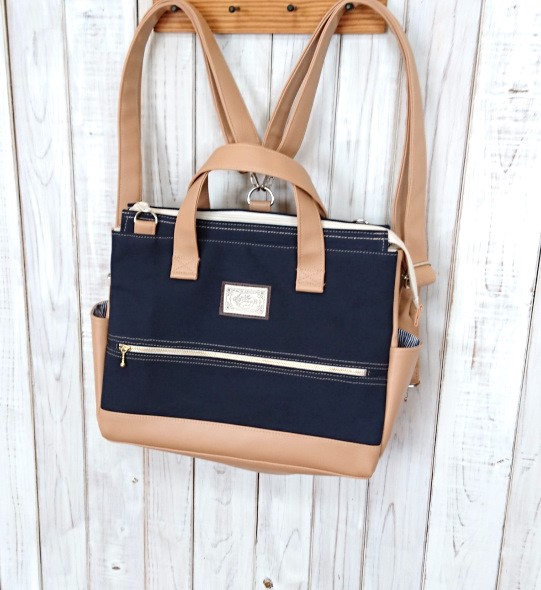 4way8号ネイビー帆布と合皮の四角いリュック＋バック(横型）(受注製作)