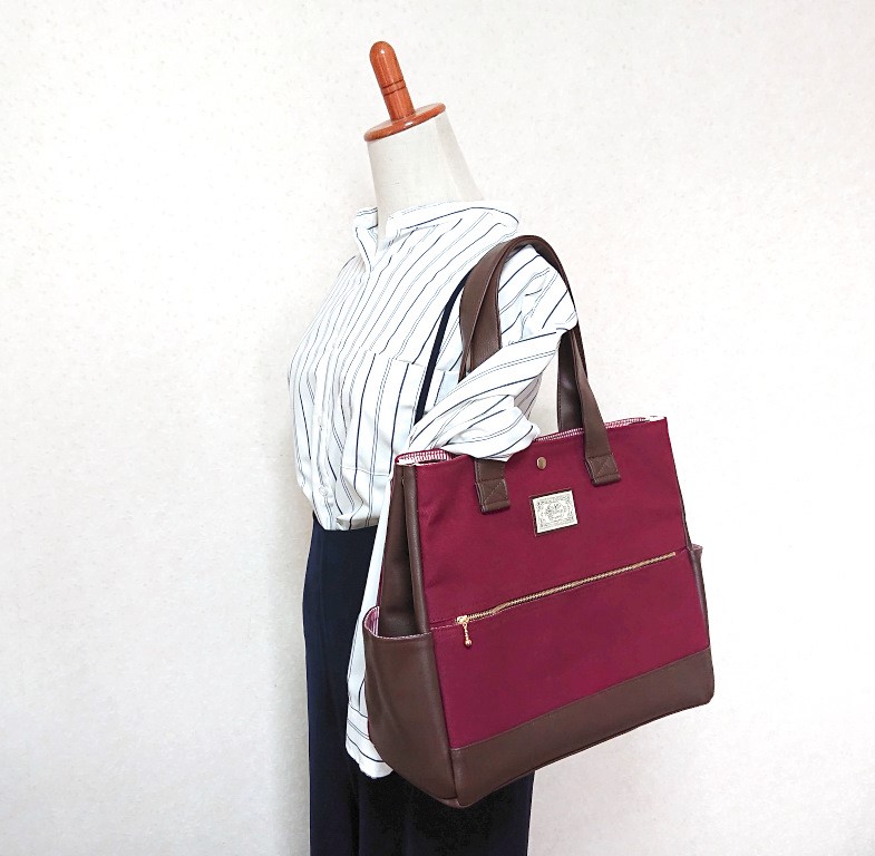 ワインレッド８号帆布とこげ茶合皮のトートバック(受注製作)