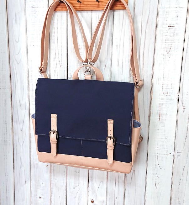 3wayネイビー倉敷帆布とベージュ合皮のリュック＋バックH（大）