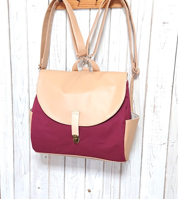 3wayワインレッド帆布と合皮のリュック＋バックE（大）