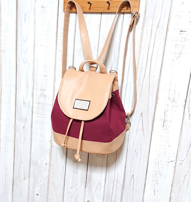 3wayワインレッド8号帆布と合皮のリュックD（受注製作)