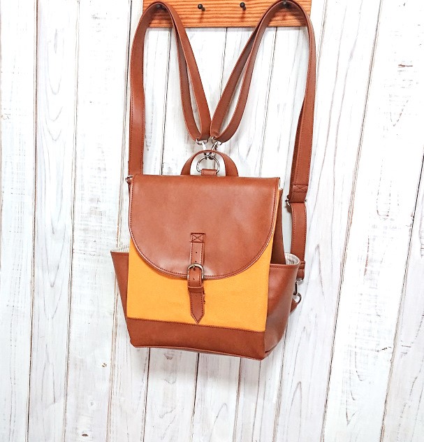 3wayマスタード帆布とモカチャ合皮のリュックF２(受注製作)