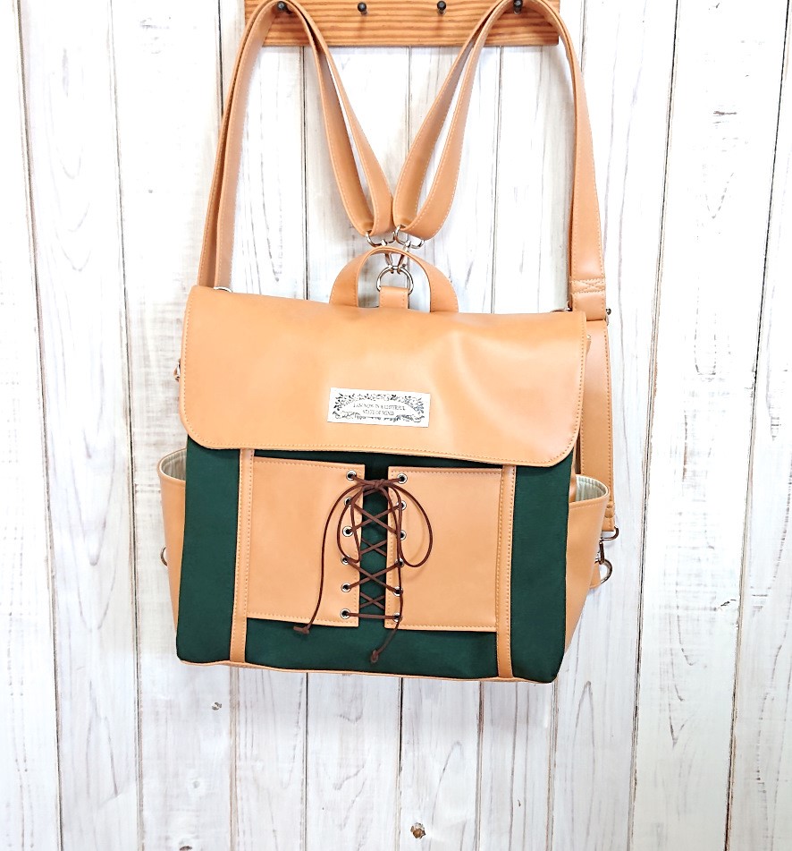 4way8号グリーンの倉敷帆布とキャメル合皮の編み上げ四角いリュック＋バック（大）（受注製作）