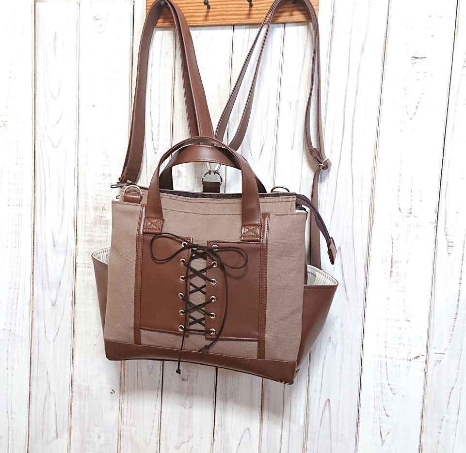 4way8号マッドブラウンと焦げ茶合皮の編み上げ四角いリュック＋バック(横型）（受注製作）