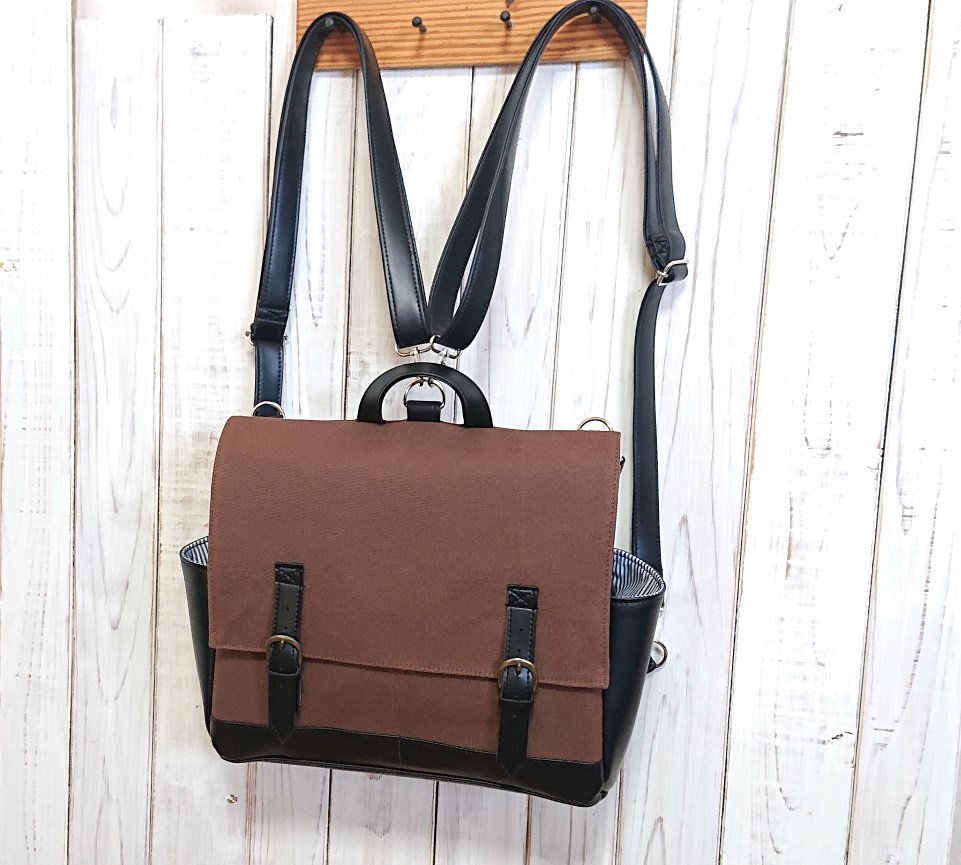 3wayチョコ色の帆布と黒合皮のリュック＋バックH