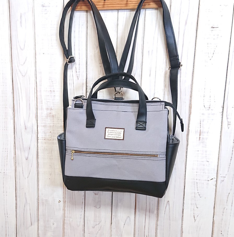 4way8号アイスグレー倉敷帆布と黒合皮の四角いリュック＋バック(横型）（小）（受注製作)