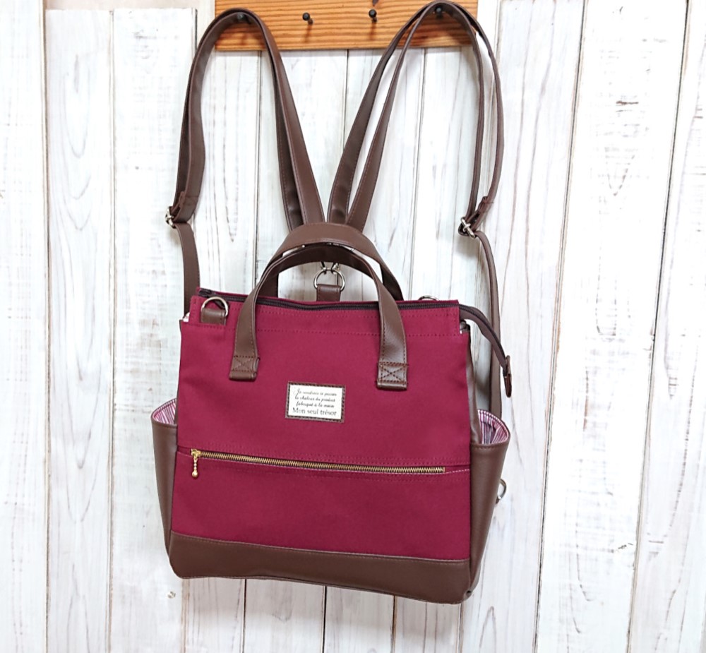 4way8号ワインレッド倉敷帆布と焦げ茶合皮の四角いリュック＋バック(横型）（小）（受注製作)