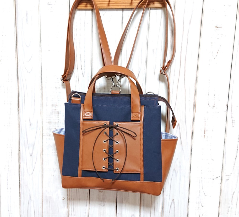 4way8号ネイビー帆布とモカ茶合皮の編み上げ四角いリュック＋バック(横型）（受注製作）