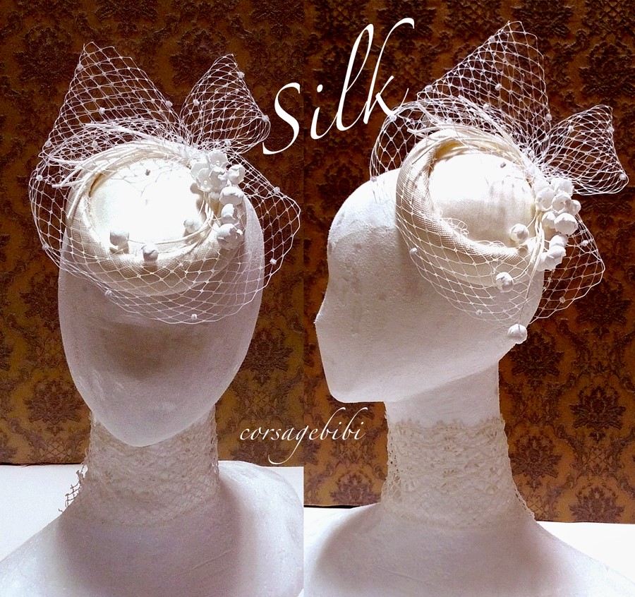 ミカドシルク絹100%のトーク帽 +コットン白スズラン 可憐でクラシック ウェディング ハット ヘッドドレスNo.50a